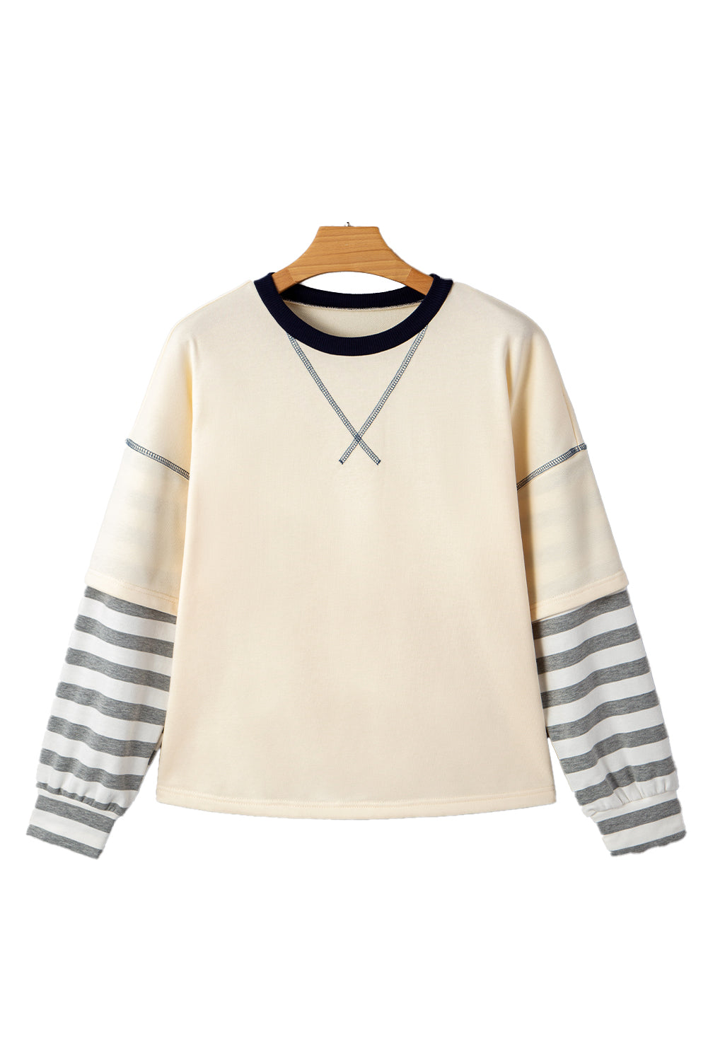 Beige Striped Patchwork Long Sleeve Round Neck Two-In-One Top-Tops/Long Sleeve Tops-[Adult]-[Female]-2022 Online Blue Zone Planet