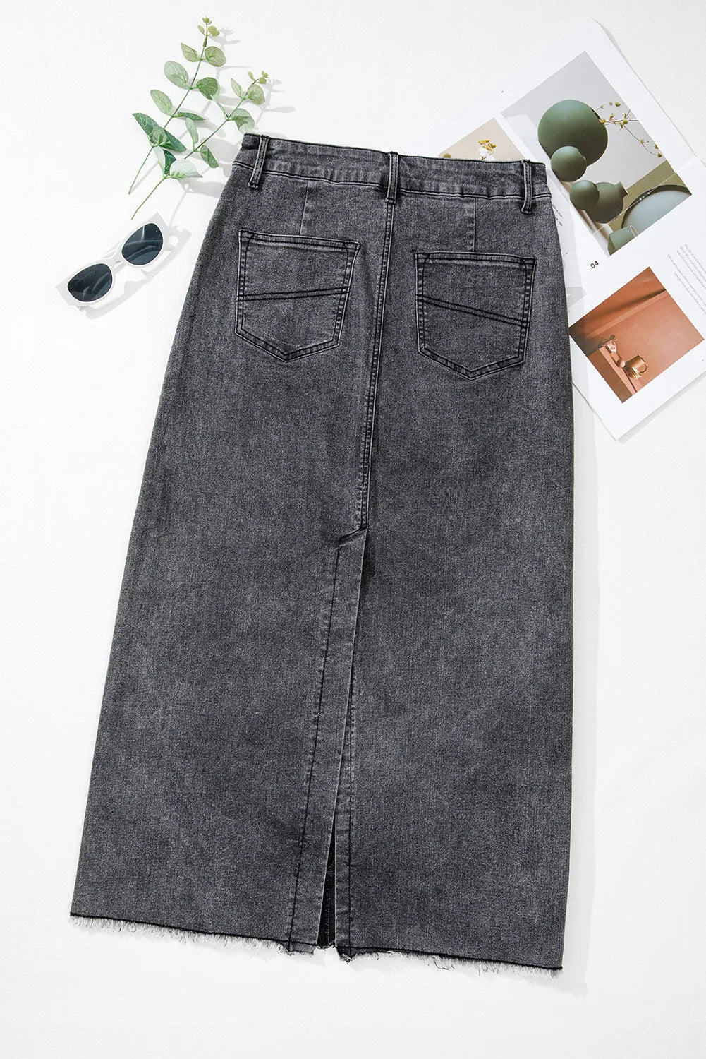 Raw Hem Midi Denim Skirt with Pockets-BOTTOMS SIZES SMALL MEDIUM LARGE-[Adult]-[Female]-2022 Online Blue Zone Planet