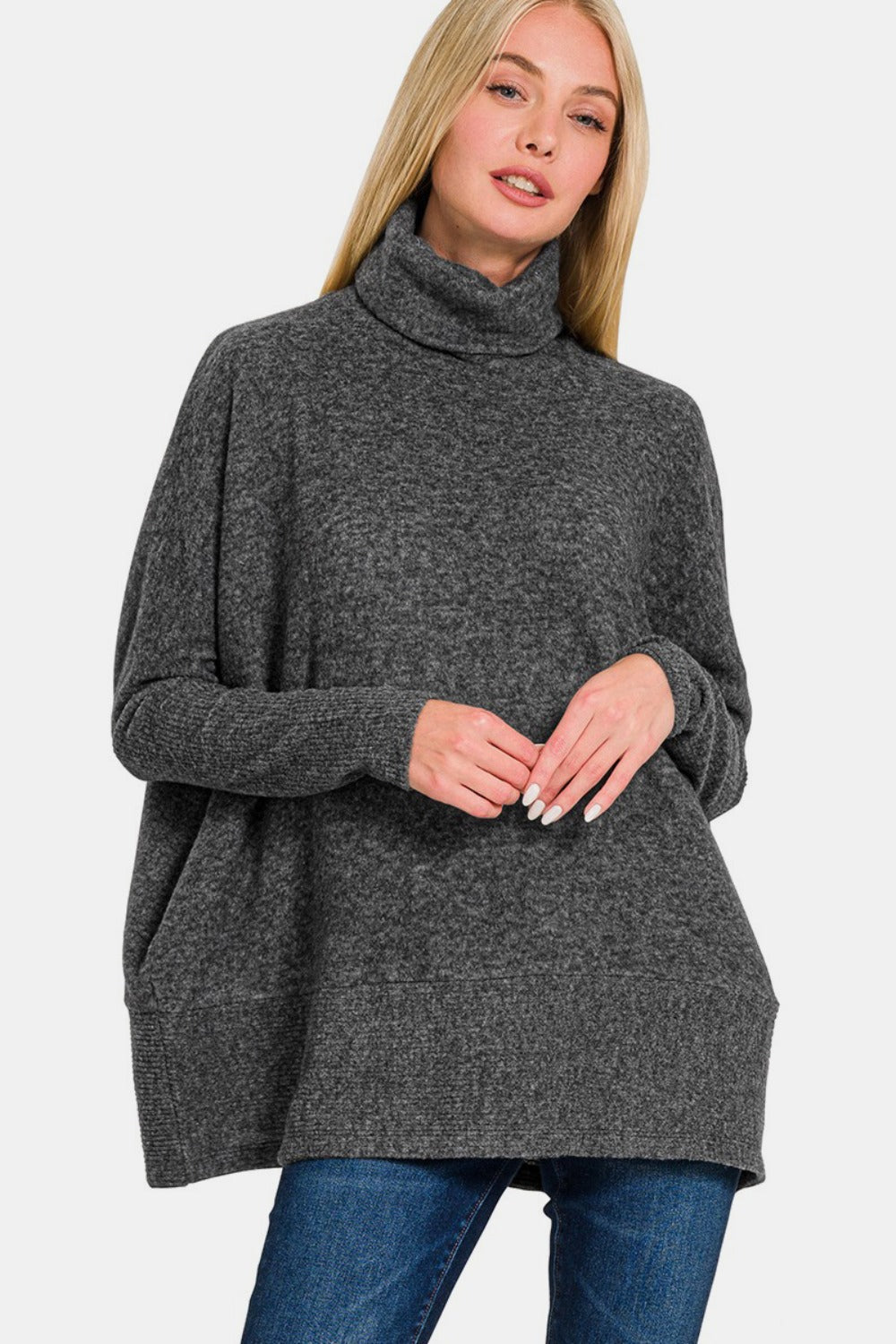 Blue Zone Planet | Zenana Full Size Brushed Melange Hacci Turtleneck Sweater-TOPS / DRESSES-[Adult]-[Female]-Black-S/M-2022 Online Blue Zone Planet