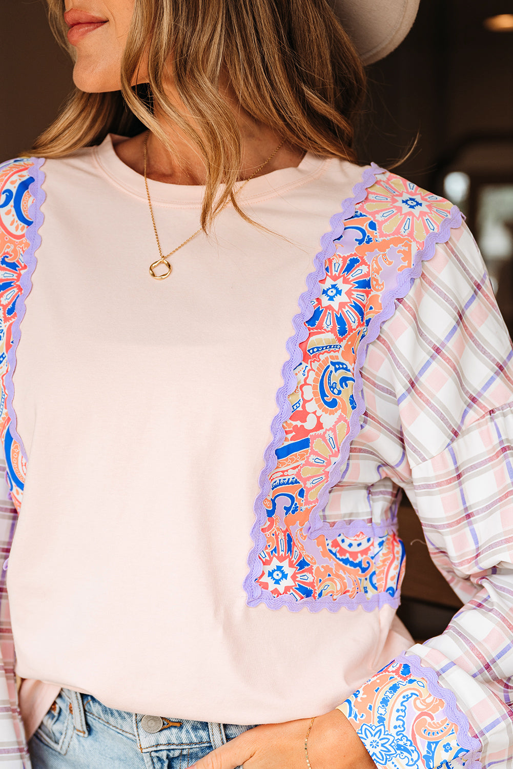Delicacy Ricrac Trim Floral Plaid Patchwork Puff Sleeve Blouse-Tops/Blouses & Shirts-[Adult]-[Female]-2022 Online Blue Zone Planet