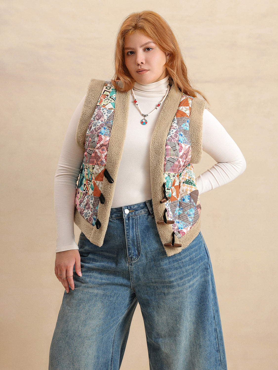 Plus Size Printed Sherpa Vest Coat-TOPS / DRESSES-[Adult]-[Female]-2022 Online Blue Zone Planet