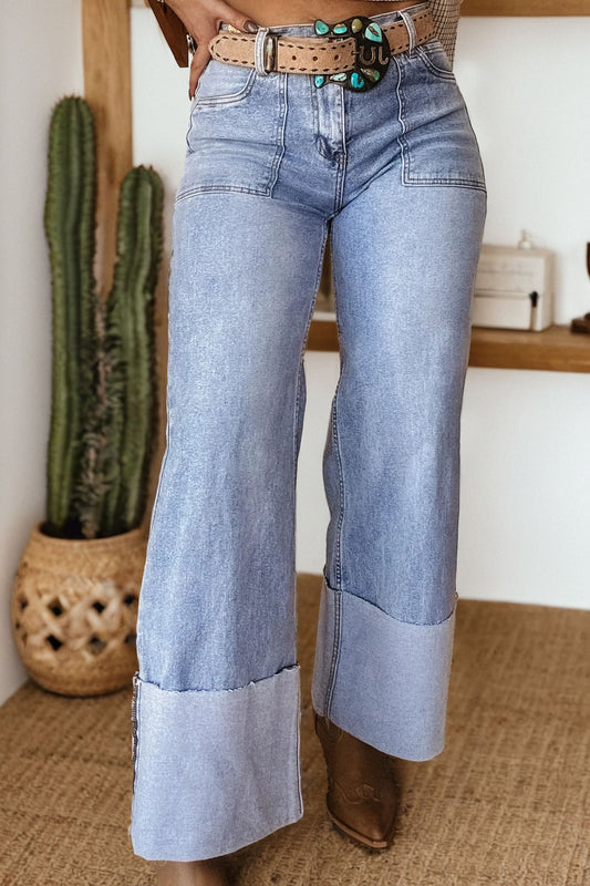 Beau Blue Turn-up Cuffs Womens Loose Jeans-Bottoms/Jeans-[Adult]-[Female]-Beau Blue-4-2022 Online Blue Zone Planet