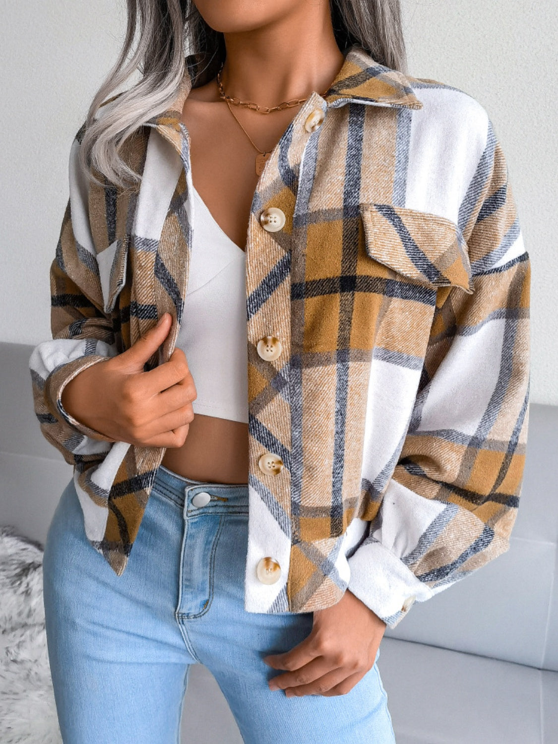 Plaid Collared Neck Long Sleeve Jacket-TOPS / DRESSES-[Adult]-[Female]-Camel-S-2022 Online Blue Zone Planet