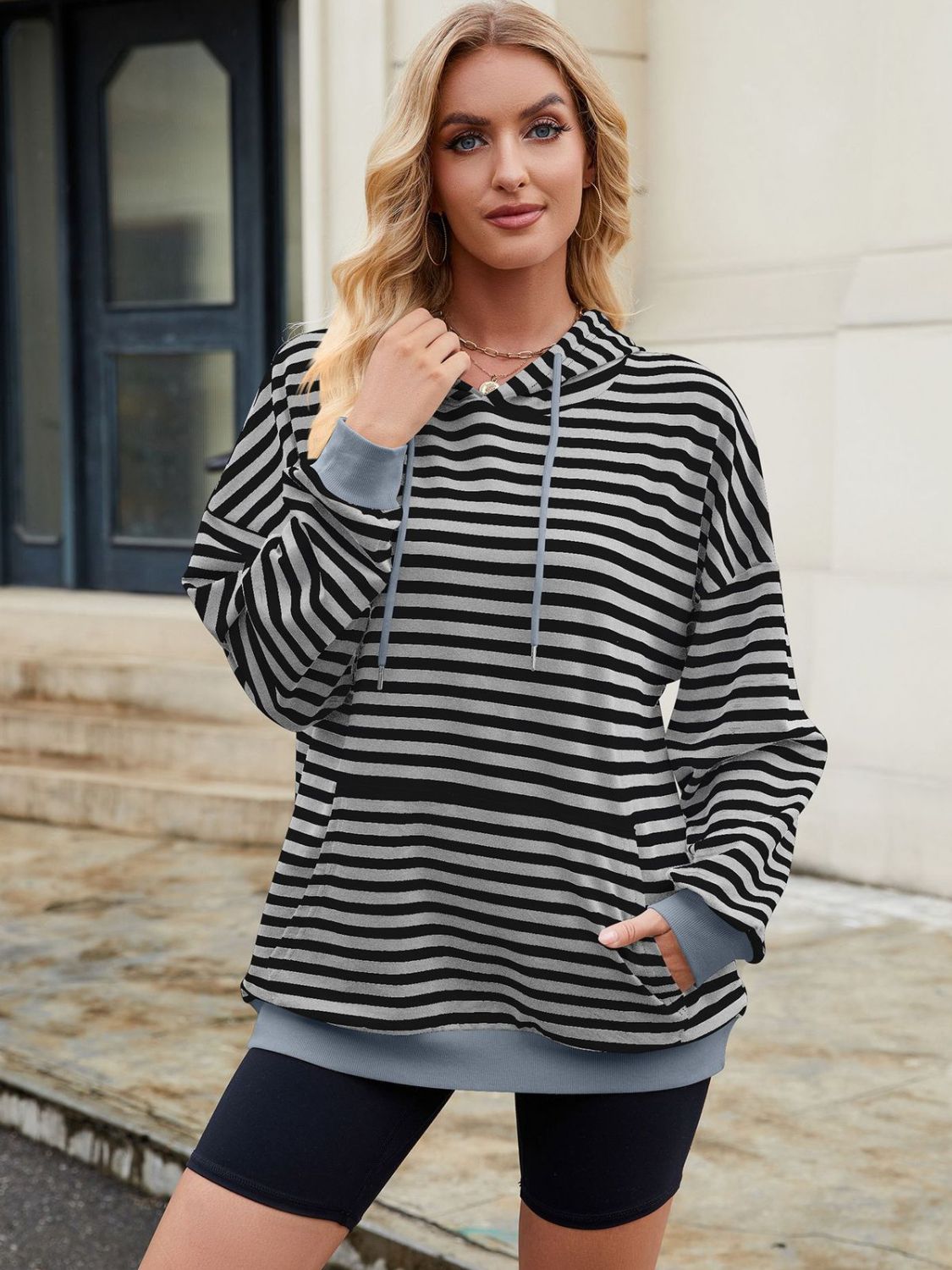 Drawstring Contrast Striped Long Sleeve Hoodie-TOPS / DRESSES-[Adult]-[Female]-2022 Online Blue Zone Planet