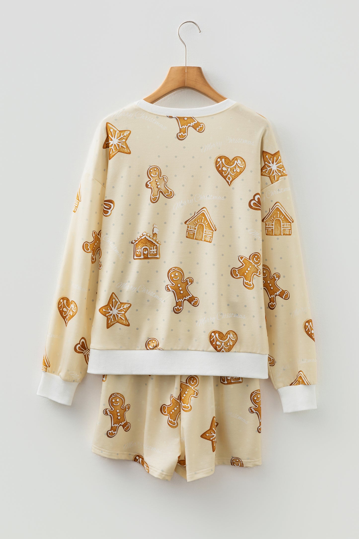Beige Gingerbread Man Christmas Print Long Sleeve Pullover Lounge Short Set-Loungewear & Sleepwear/Loungewear-[Adult]-[Female]-2022 Online Blue Zone Planet