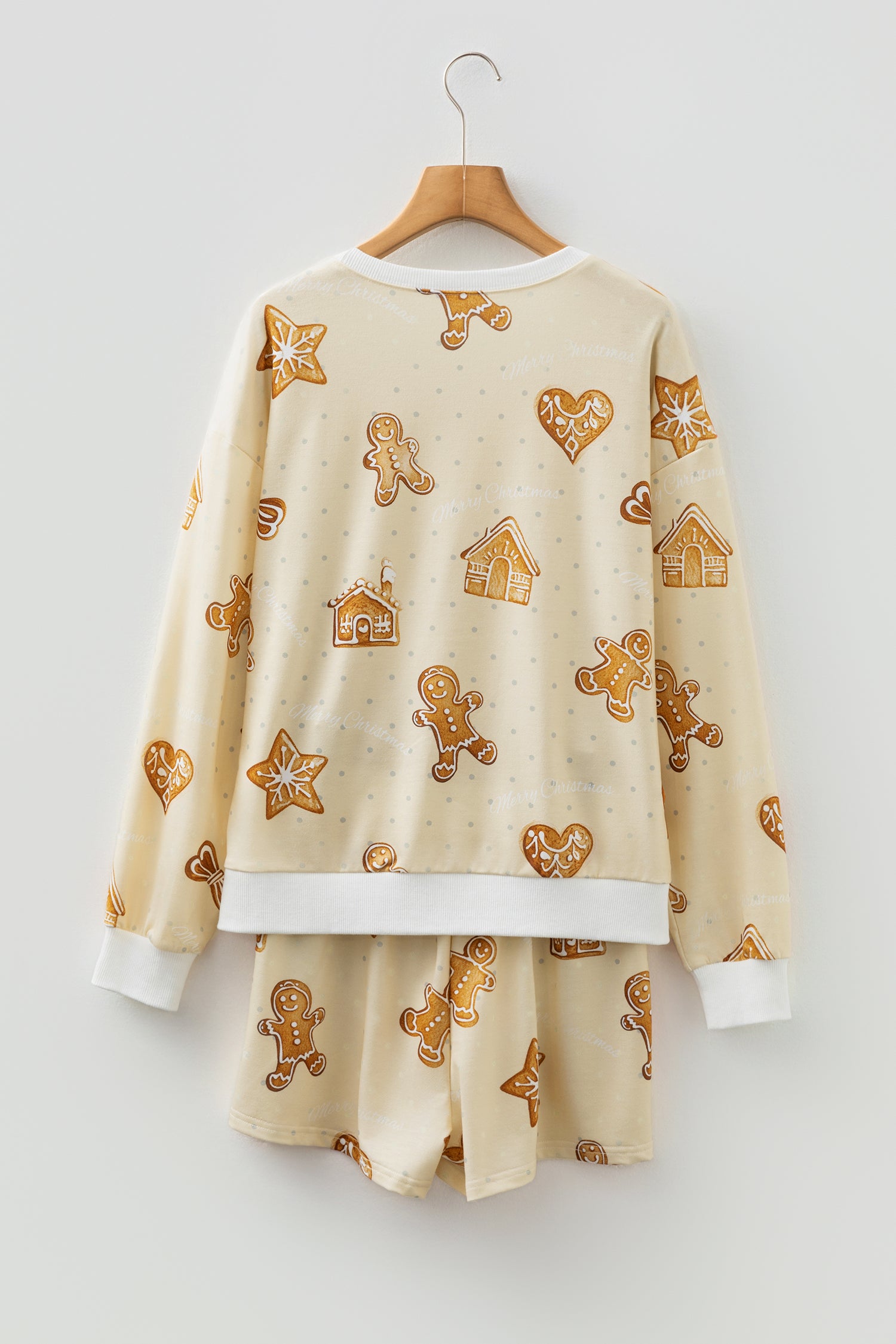 Beige Gingerbread Man Christmas Print Long Sleeve Pullover Lounge Short Set-Loungewear & Sleepwear/Loungewear-[Adult]-[Female]-2022 Online Blue Zone Planet