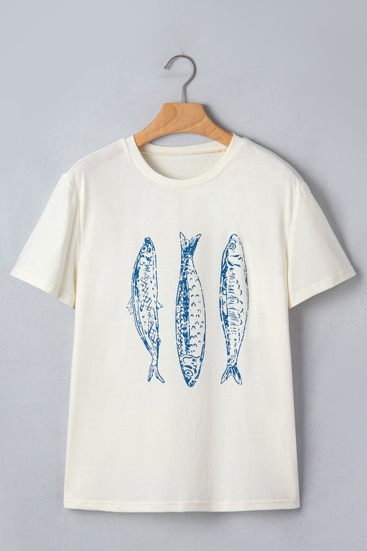 White Fish Print Short Sleeve Round Neck T Shirt-Tops/Tops & Tees-[Adult]-[Female]-2022 Online Blue Zone Planet
