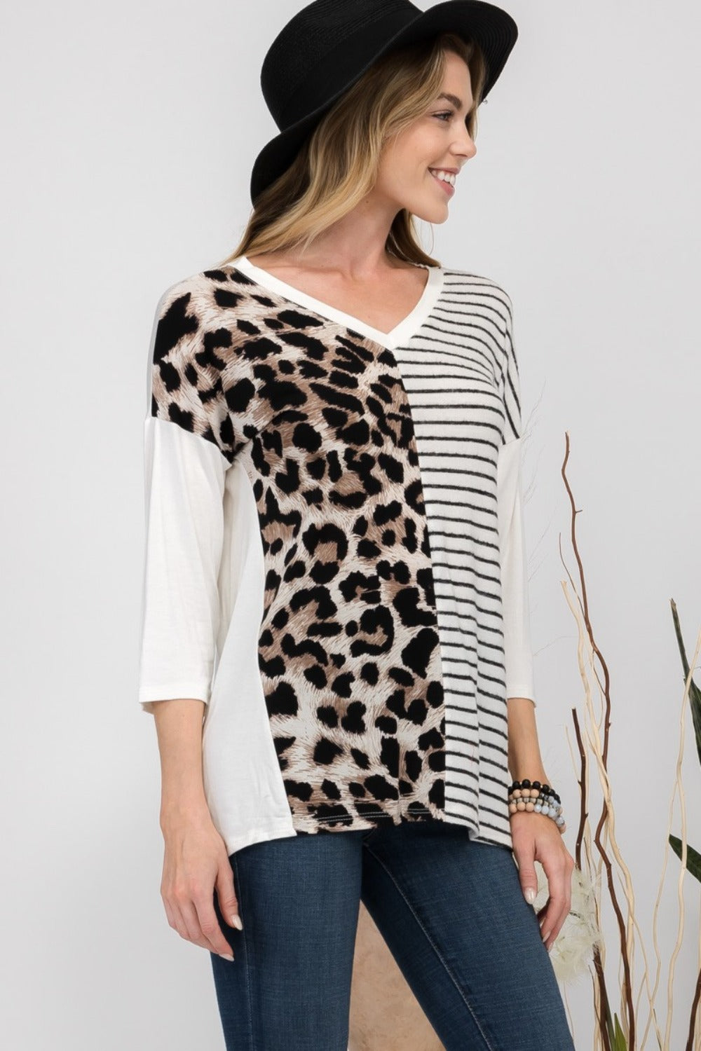 Celeste Full Size Front Leopard and Striped Print V-Neck T-Shirt-TOPS / DRESSES-[Adult]-[Female]-2022 Online Blue Zone Planet