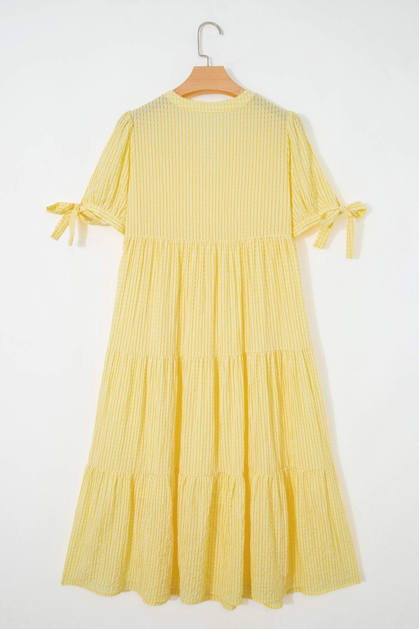 Yellow Gingham Textured Bow Tie Short Sleeve Tiered Midi Dress-TOPS / DRESSES-[Adult]-[Female]-2022 Online Blue Zone Planet