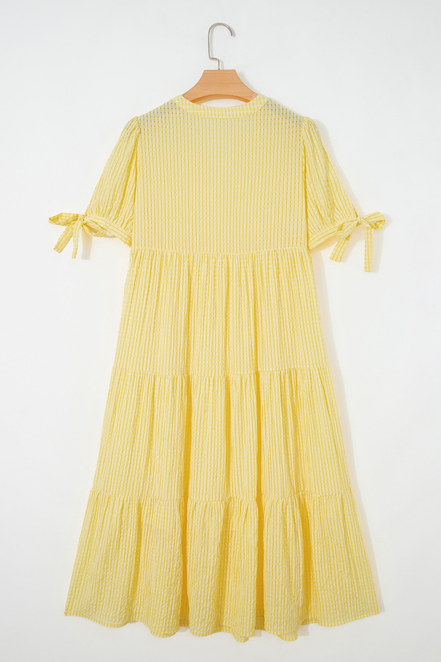 Yellow Gingham Textured Bow Tie Short Sleeve Tiered Midi Dress-TOPS / DRESSES-[Adult]-[Female]-2022 Online Blue Zone Planet