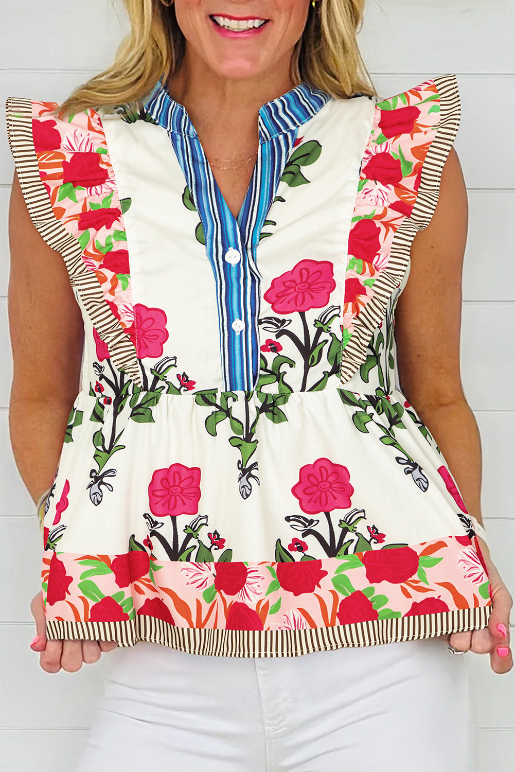 Pink Floral Print Tie Neck Striped Detail Flutter Sleeve Blouse-Tops/Blouses & Shirts-[Adult]-[Female]-Pink-S-2022 Online Blue Zone Planet