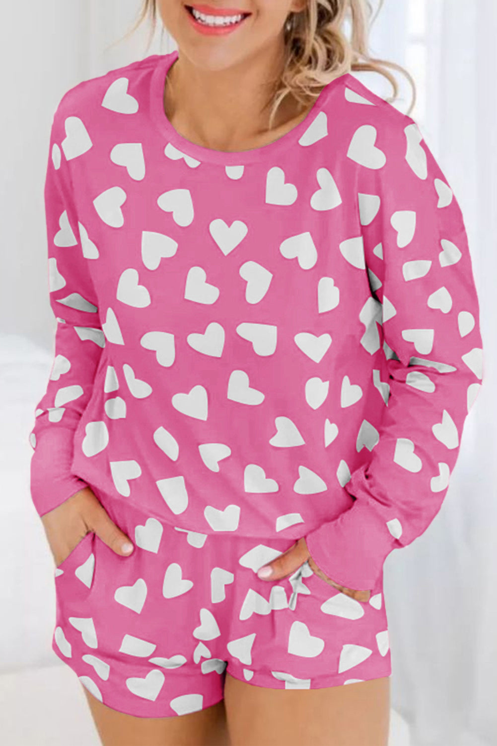 Pink Valentine Heart Shape Print Long Sleeve Top Shorts Lounge Set-Sale (50% OFF)/30% OFF-[Adult]-[Female]-Pink-S-2022 Online Blue Zone Planet