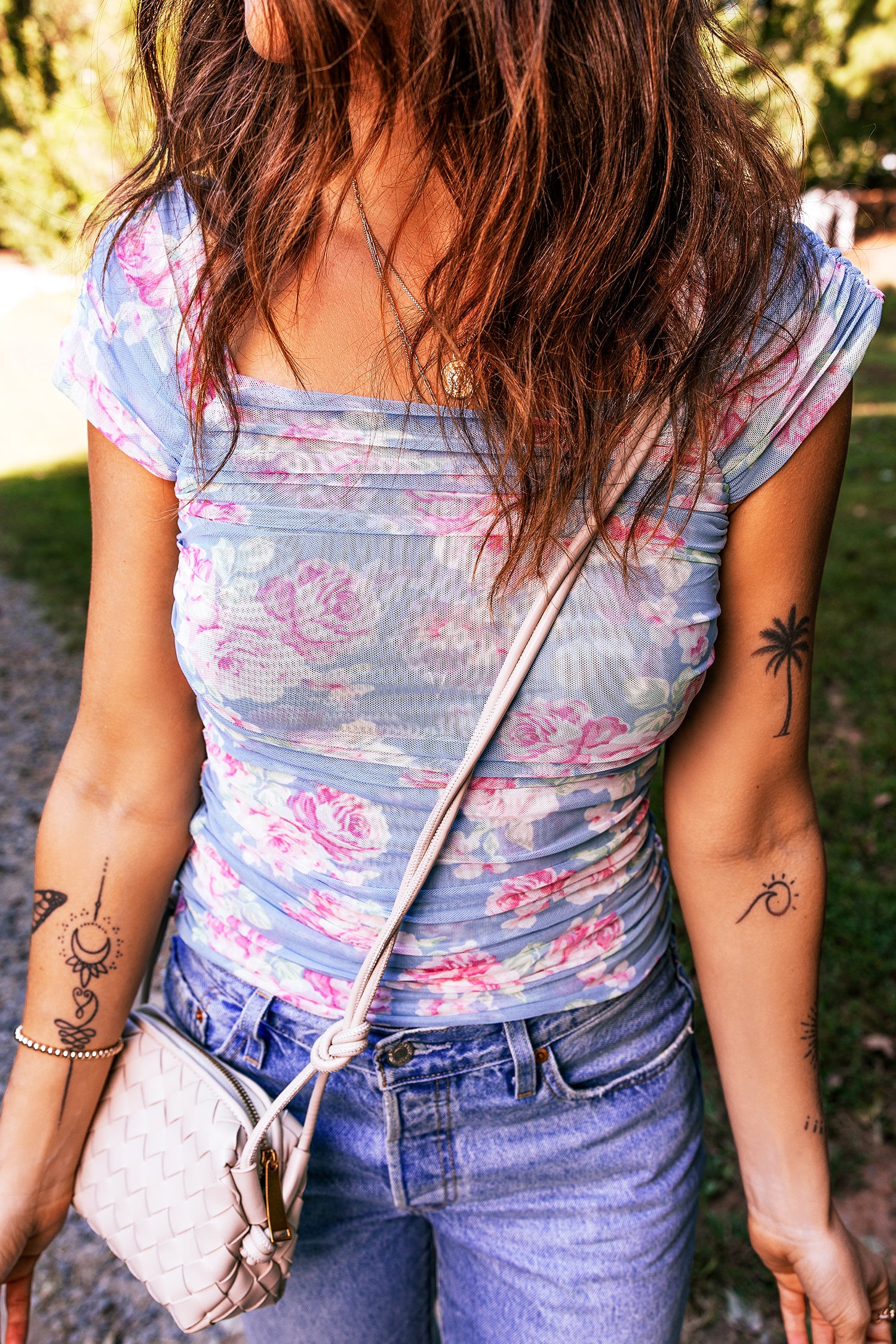 Sky Blue Square Neck Cap Sleeve Ruched Floral Mesh Top-Tops/Tops & Tees-[Adult]-[Female]-2022 Online Blue Zone Planet