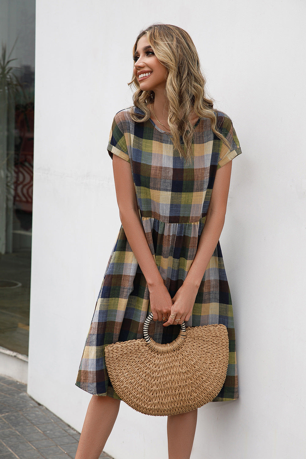 Plaid Round Neck Cap Sleeve Dress-TOPS / DRESSES-[Adult]-[Female]-2022 Online Blue Zone Planet