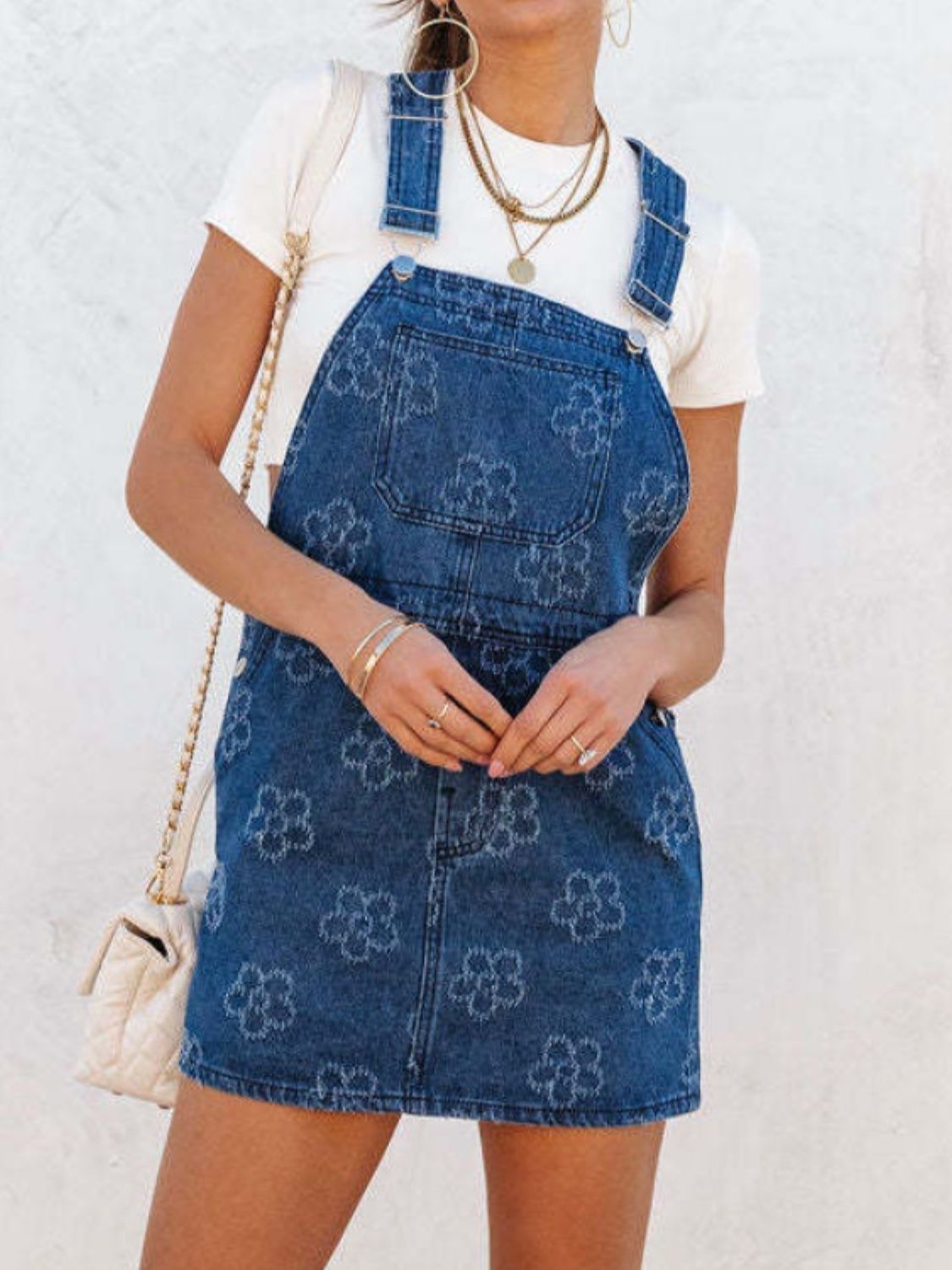 Flower Wide Strap Denim Overall Dress with Pockets-TOPS / DRESSES-[Adult]-[Female]-Peacock Blue-S-2022 Online Blue Zone Planet