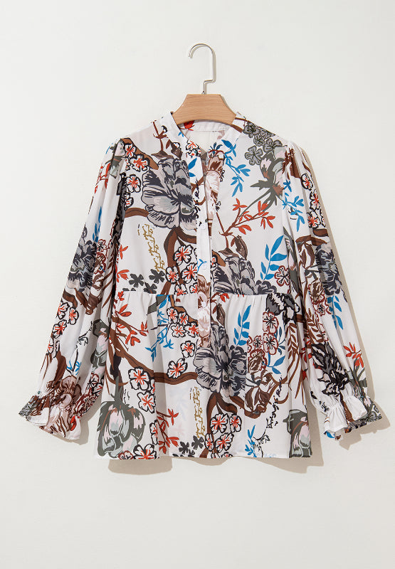 Blue Zone Planet | Printed Notched Flounce Sleeve Blouse-TOPS / DRESSES-[Adult]-[Female]-2022 Online Blue Zone Planet