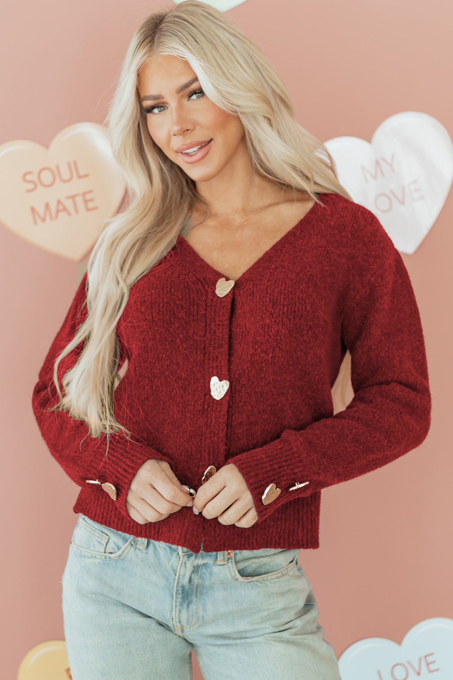 Fiery Red Heart Metal Button V Neck Cardigan Sweater-TOPS / DRESSES-[Adult]-[Female]-2022 Online Blue Zone Planet