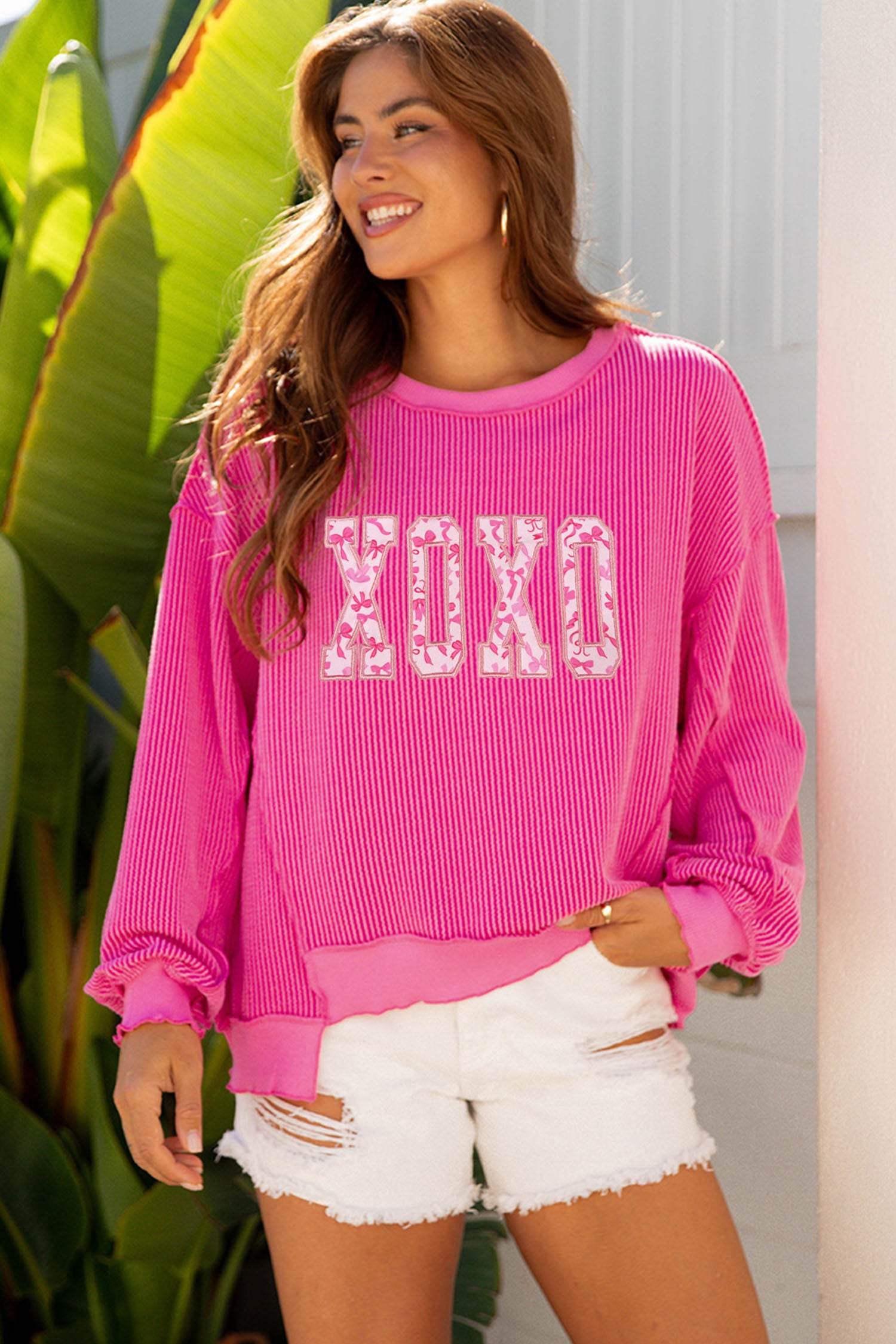 Strawberry Pink Twisted Ribbed Long Sleeve XOXO Bow Print Embroidered Patch Graphic Top-Graphic Long Sleeve Tees-[Adult]-[Female]-2022 Online Blue Zone Planet