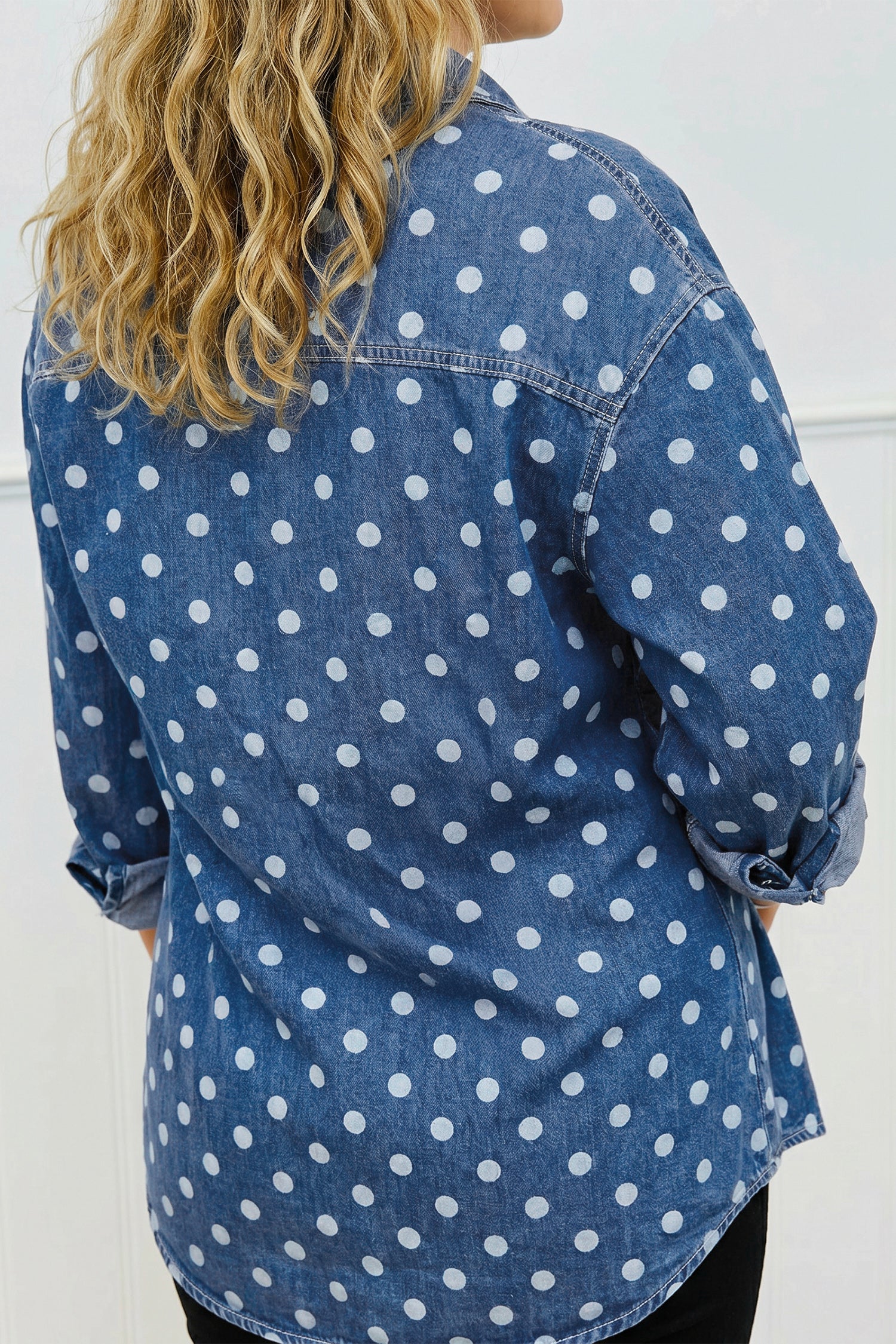 Blue Polka Dot Long Sleeve Collar Shift Tunic Denim Jacket-Outerwear/Denim jackets-[Adult]-[Female]-2022 Online Blue Zone Planet