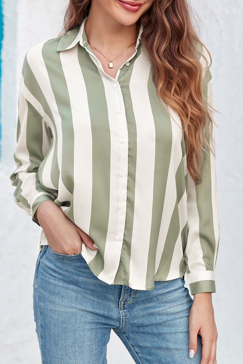 Green Striped Soft Relaxed Button Up Shirt-Tops/Blouses & Shirts-[Adult]-[Female]-2022 Online Blue Zone Planet
