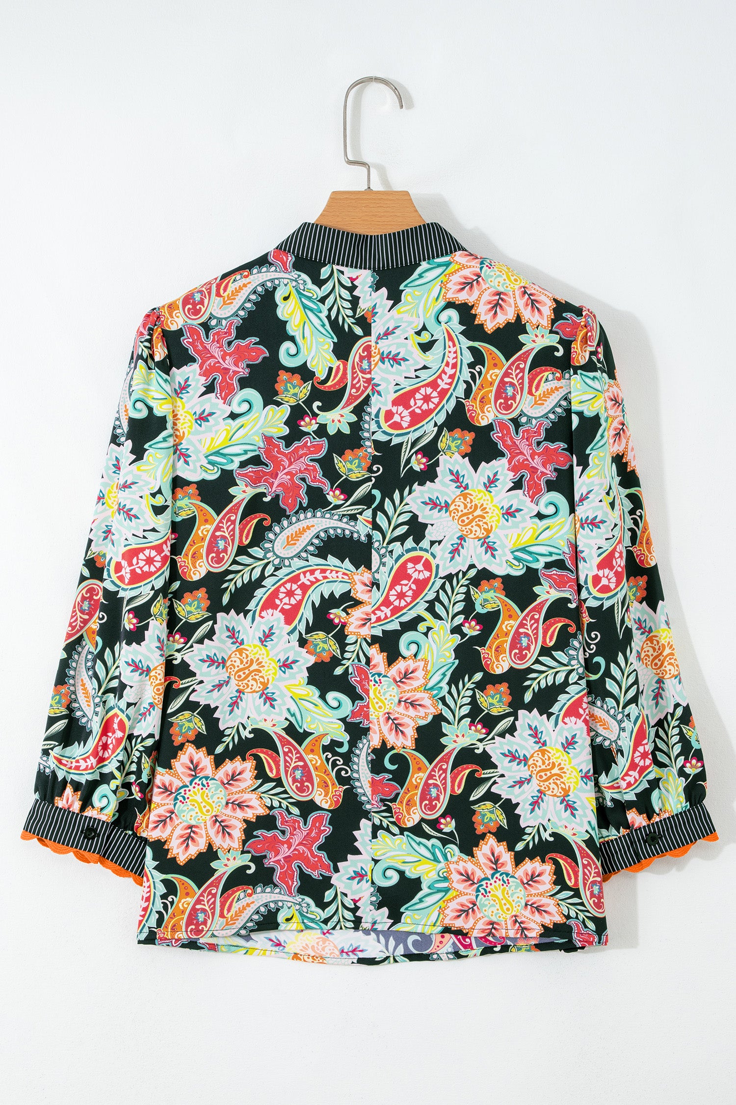 Black Contrast Ricrac Trim Striped Edge Patchwork Floral Print Blouse-Tops/Blouses & Shirts-[Adult]-[Female]-2022 Online Blue Zone Planet