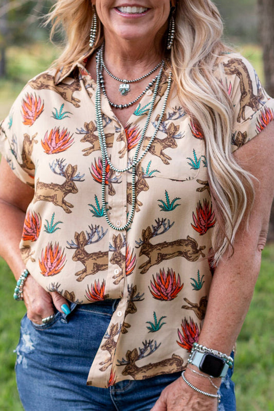 Khaki Plus Size Western Pattern Print Buttoned Short Sleeve Shirt-Plus Size/Plus Size Tops/Plus Size Blouses & Shirts-[Adult]-[Female]-Khaki-1X-2022 Online Blue Zone Planet