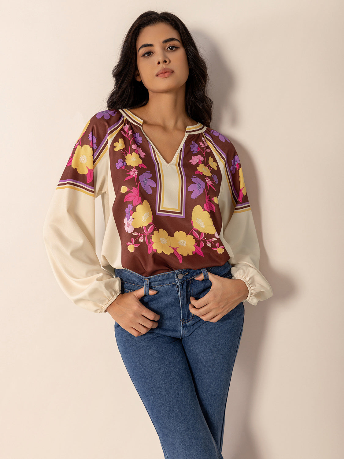 Printed Notched Long Sleeve Blouse-TOPS / DRESSES-[Adult]-[Female]-2022 Online Blue Zone Planet