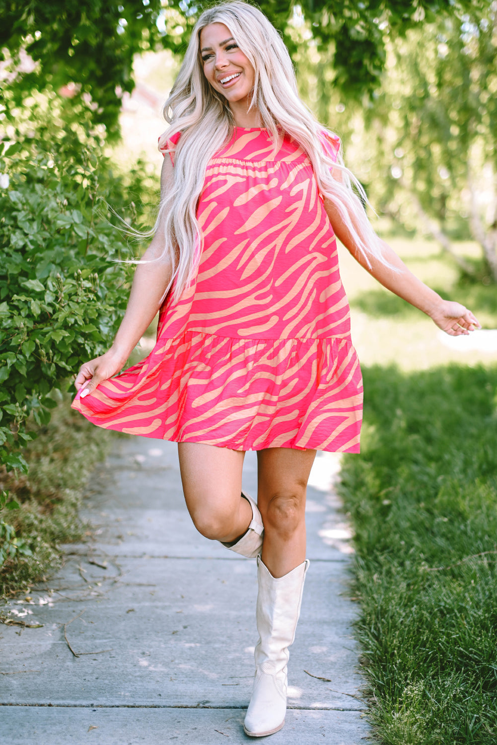 Pink Zebra Stripe Printed Ruffle Trim Pocketed Dress-Dresses/Mini Dresses-[Adult]-[Female]-2022 Online Blue Zone Planet