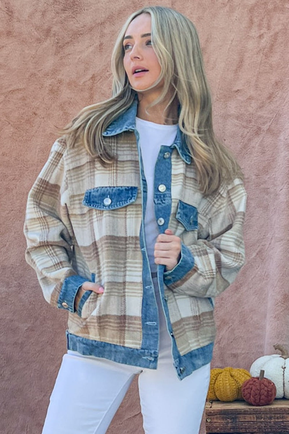 And The Why Full Size Washed Denim Detail Brushed Plaid Jacket-TOPS / DRESSES-[Adult]-[Female]-Multi-S-2022 Online Blue Zone Planet