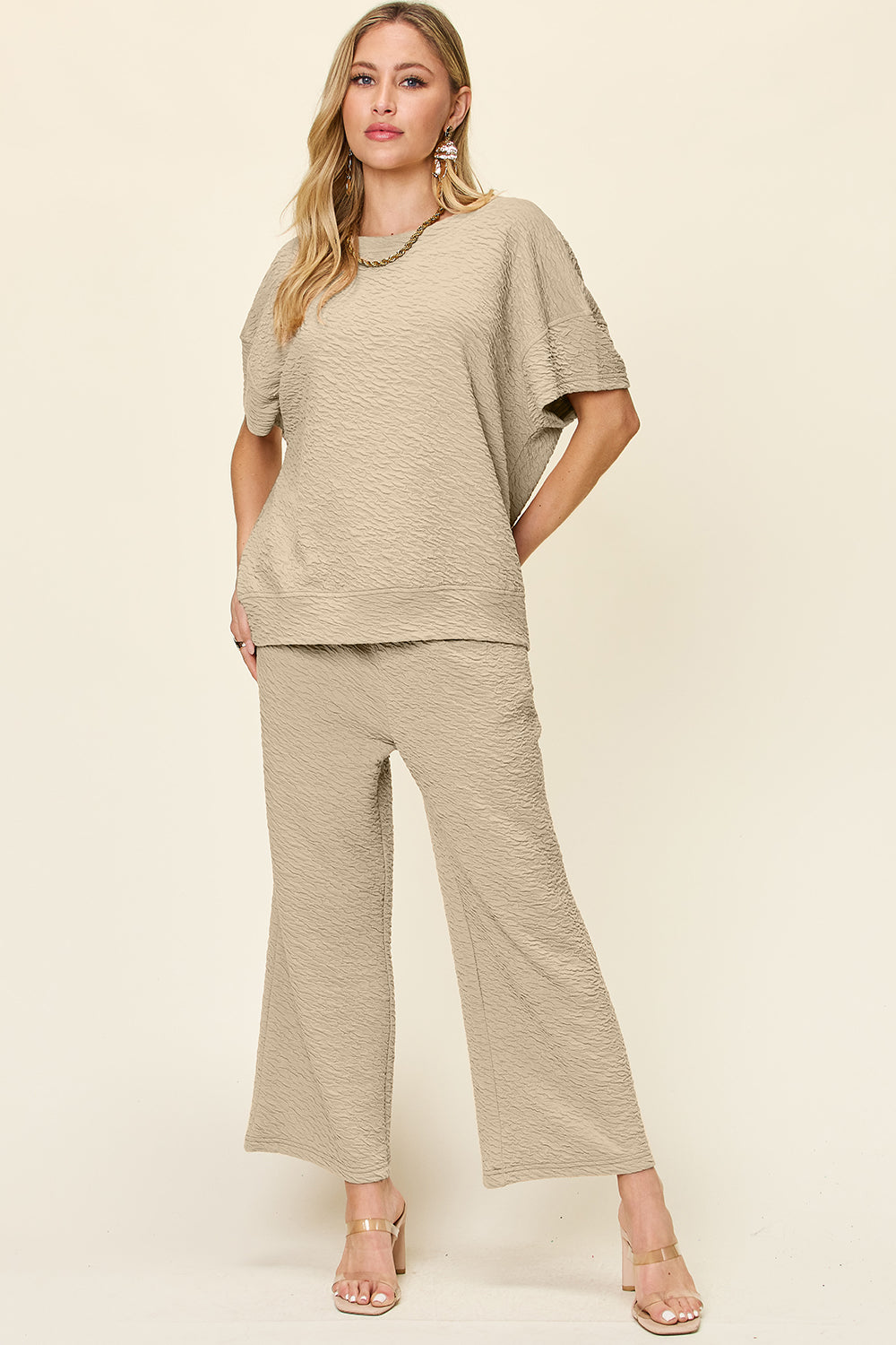 Blue Zone Planet | Double Take Full Size Texture Short Sleeve Top and Pants Set-TOPS / DRESSES-[Adult]-[Female]-Khaki-S-2022 Online Blue Zone Planet