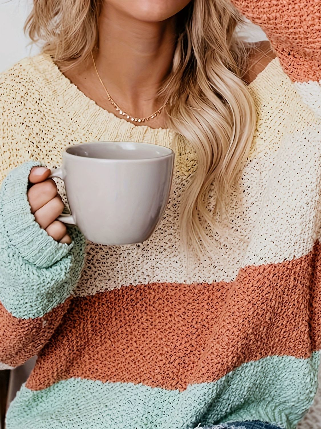 Color Block Round Neck Long Sleeve Sweater-TOPS / DRESSES-[Adult]-[Female]-2022 Online Blue Zone Planet