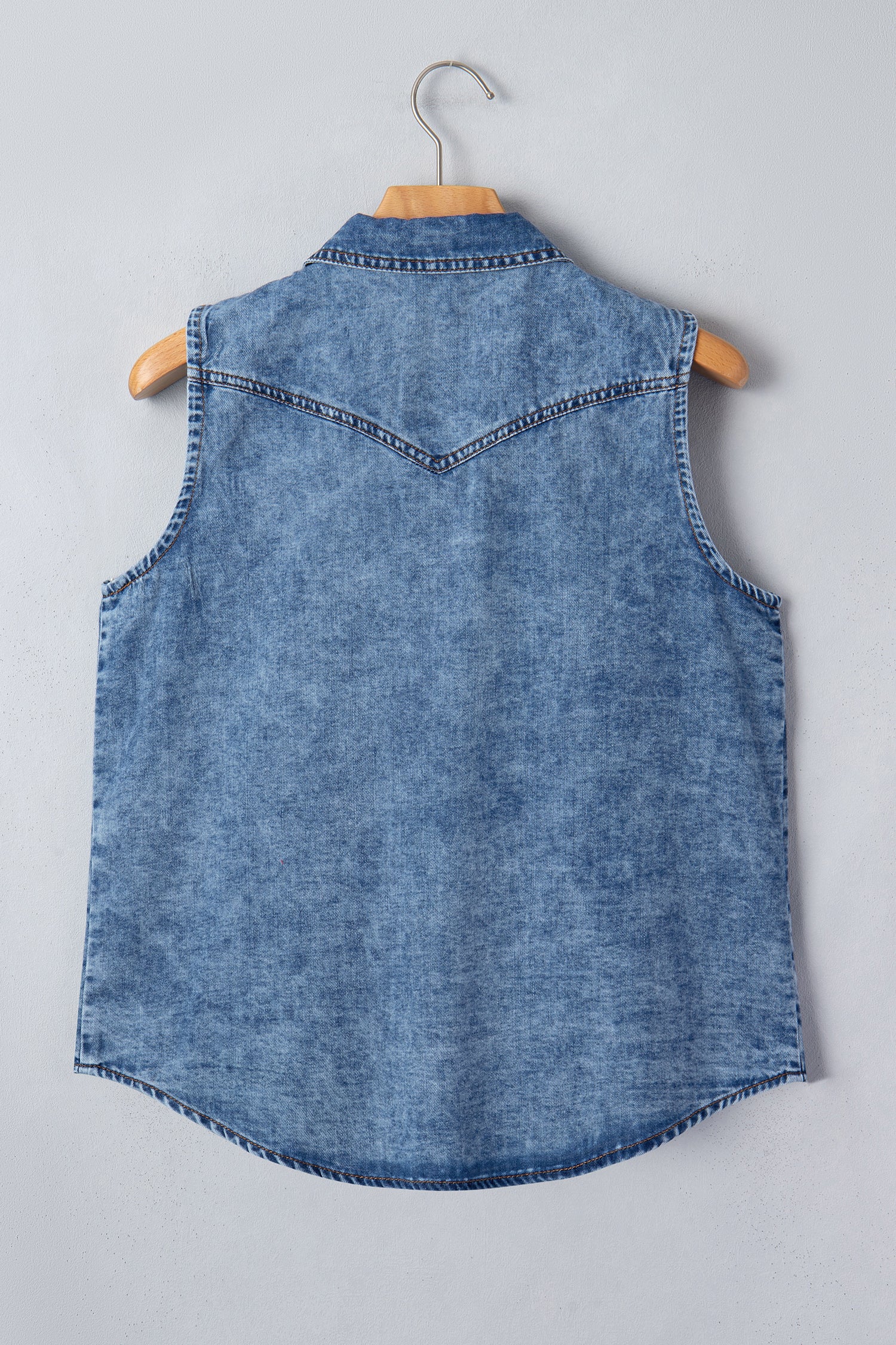 Dusk Blue Buttoned Front Collared Sleeveless Denim Vest-Tops/Tank Tops-[Adult]-[Female]-2022 Online Blue Zone Planet
