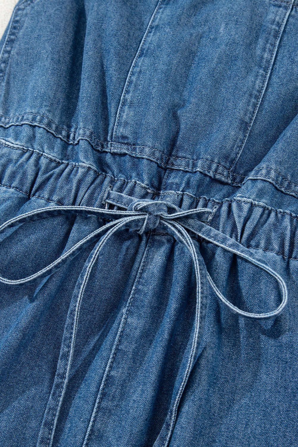 Sky Blue Buckle Straps Bib Style Drawstring Tied Backless Flared Denim Romper-Bottoms/Jumpsuits & Rompers-[Adult]-[Female]-2022 Online Blue Zone Planet