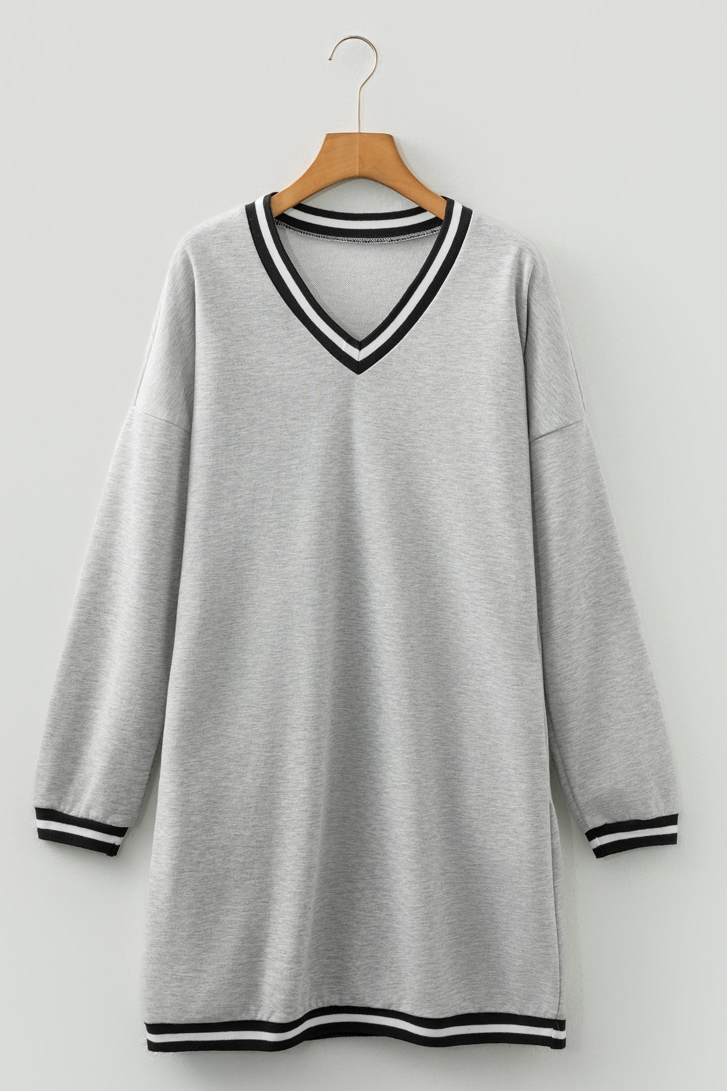 Light Grey Striped Trim V Neck Long Sleeve Preppy T Shirt Dress-TOPS / DRESSES-[Adult]-[Female]-2022 Online Blue Zone Planet