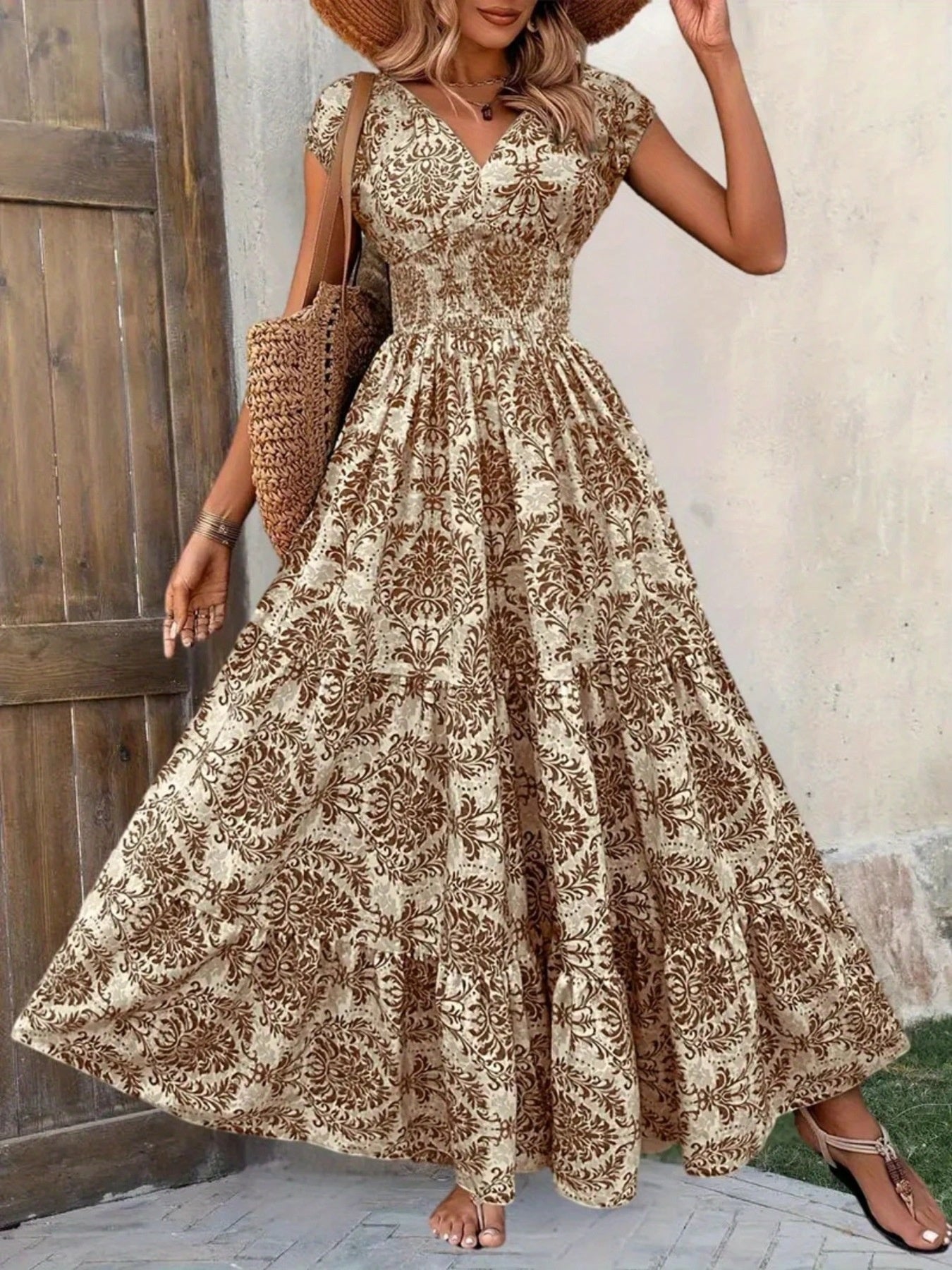 cap sleeve maxi dress casual Women's Cap Sleeve V-Neck Maxi Dress, Casual A-Line Flowy Sundress for Beach & Daily Wear