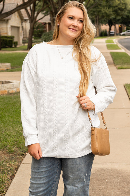 White Cable Textured Loose Plus Size Sweatshirt-Plus Size/Plus Size Sweatshirts & Hoodies-[Adult]-[Female]-White-1X-2022 Online Blue Zone Planet