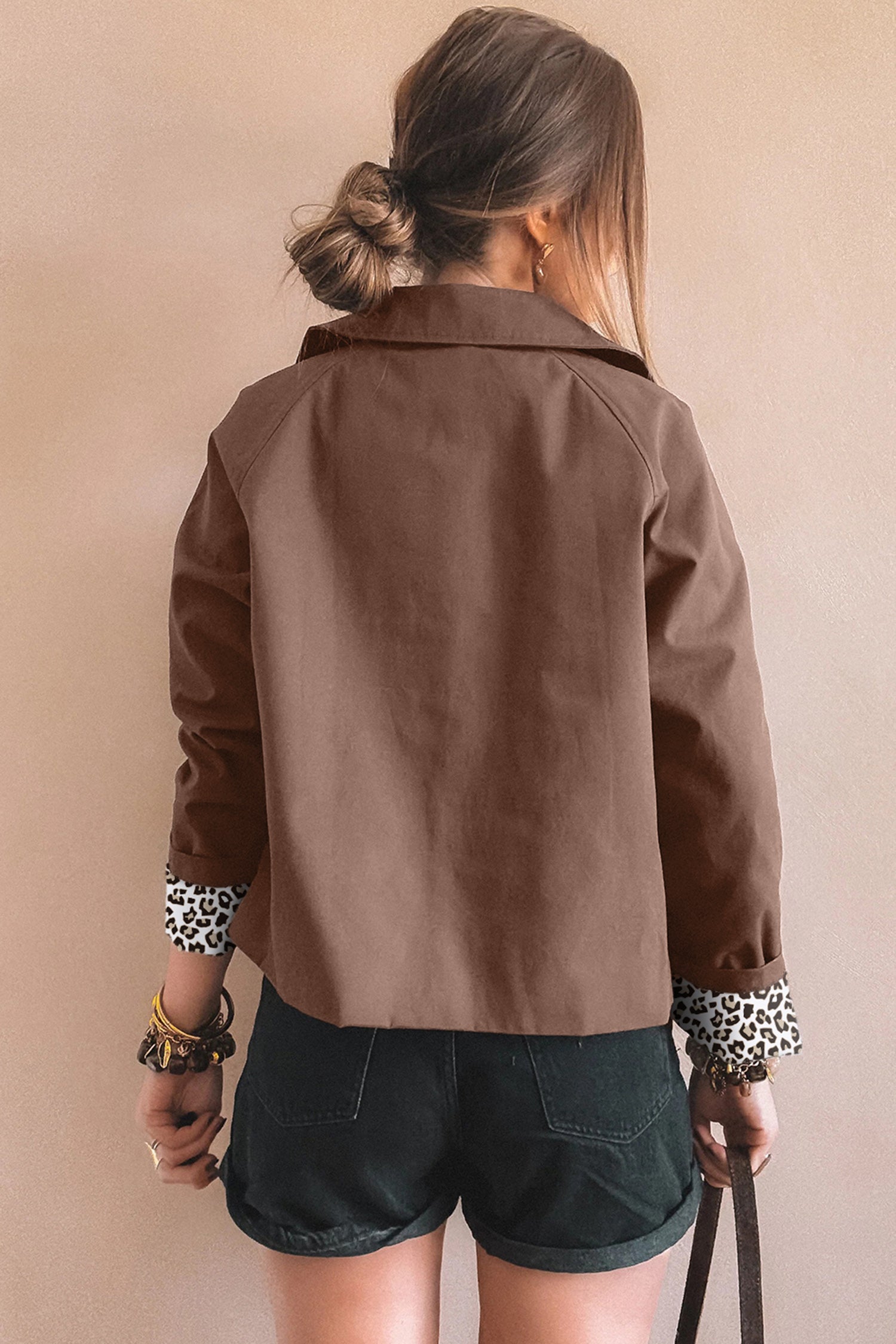 Dark Brown Collared Buttoned Leopard Liner Patchwork Chic Jacket-Outerwear/Jackets-[Adult]-[Female]-2022 Online Blue Zone Planet