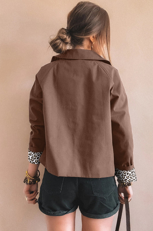 Dark Brown Collared Buttoned Leopard Liner Patchwork Chic Jacket-Outerwear/Jackets-[Adult]-[Female]-2022 Online Blue Zone Planet