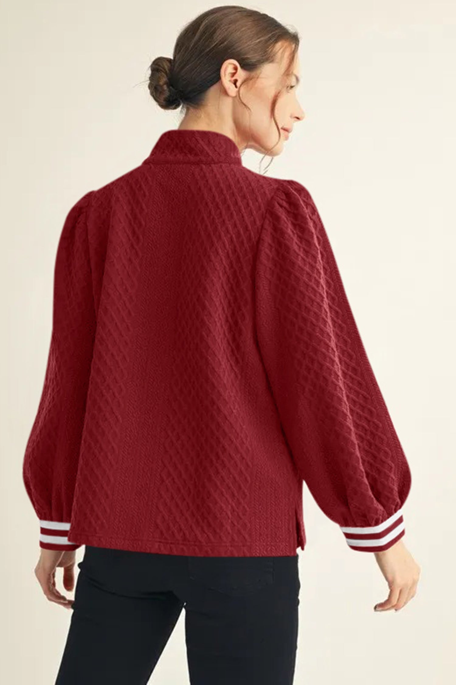Racing Red Rhombus Textured Striped Patchwork Zip Neck Pullover Sweatshirt-Tops/Sweatshirts & Hoodies-[Adult]-[Female]-2022 Online Blue Zone Planet
