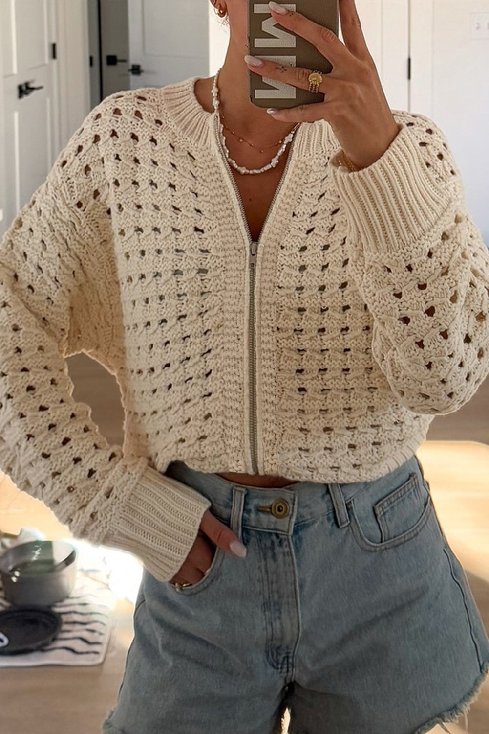 Beige Hollowed Pattern Knit Zip Up Drop Shoulder Sweater Cardigan-TOPS / DRESSES-[Adult]-[Female]-2022 Online Blue Zone Planet