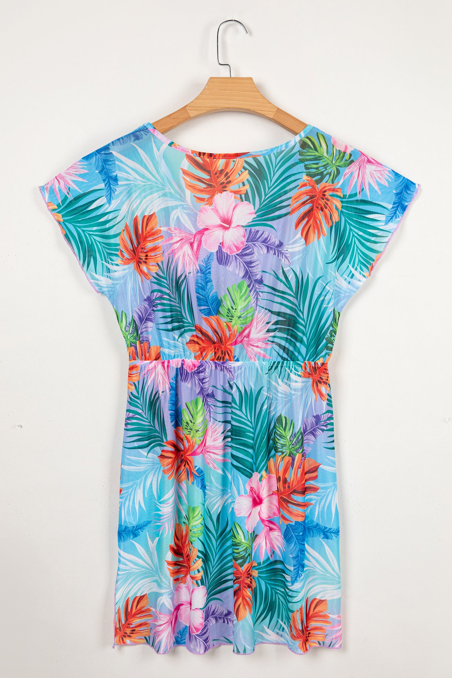 Sky Blue Tropical Print V Neck Semi Sheer Beach Cover Up Dress-TOPS / DRESSES-[Adult]-[Female]-2022 Online Blue Zone Planet