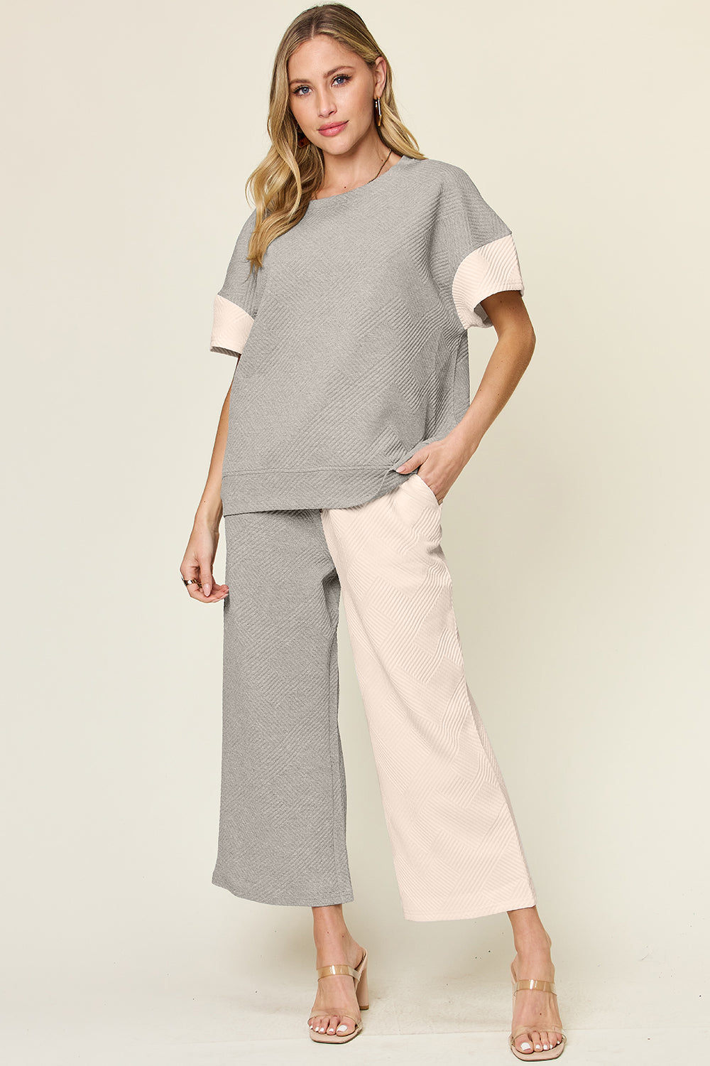 Double Take Full Size Texture Contrast T-Shirt and Wide Leg Pants Set-TOPS / DRESSES-[Adult]-[Female]-Light Gray-S-2022 Online Blue Zone Planet