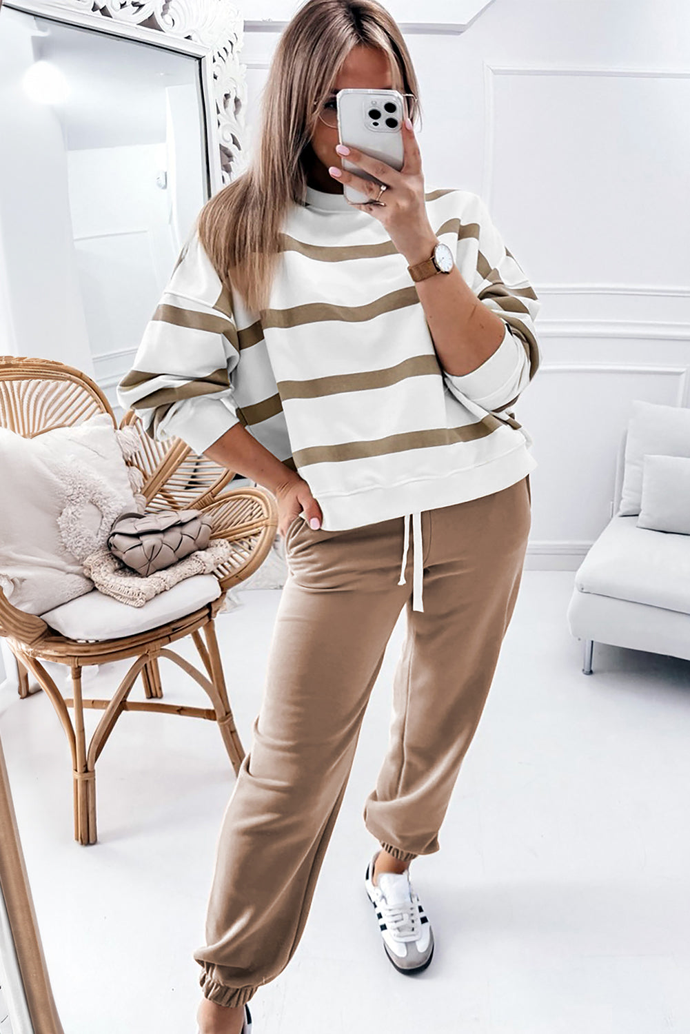 Blue Zone Planet | Brown Stripe Striped Drop Shoulder Pullover and Jogger Pants Set-Two Piece Sets/Pant Sets-[Adult]-[Female]-2022 Online Blue Zone Planet