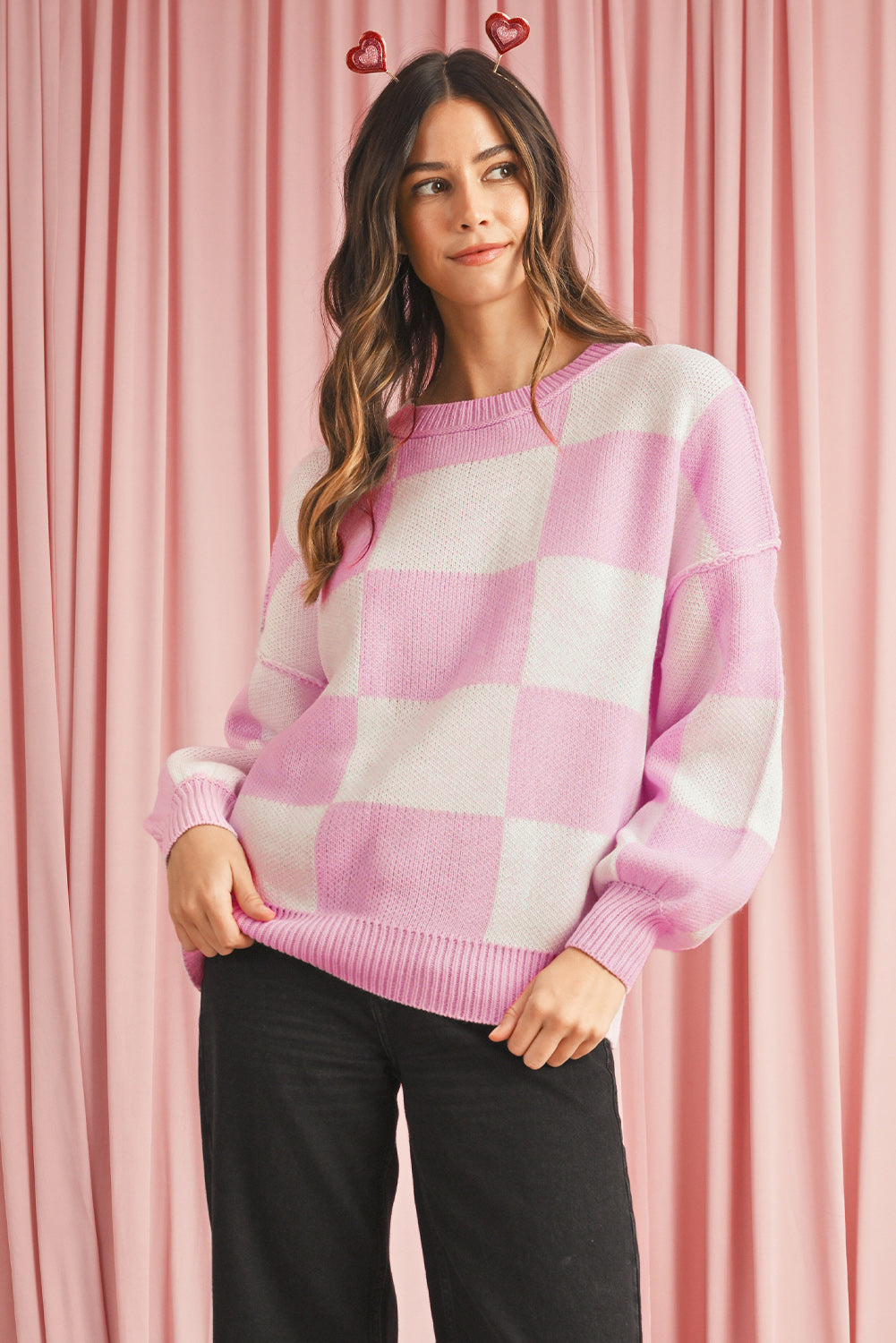 Blue Zone Planet | Pink Checked Bishop Sleeve Pullover Sweater-Sweaters-[Adult]-[Female]-Pink-S-2022 Online Blue Zone Planet