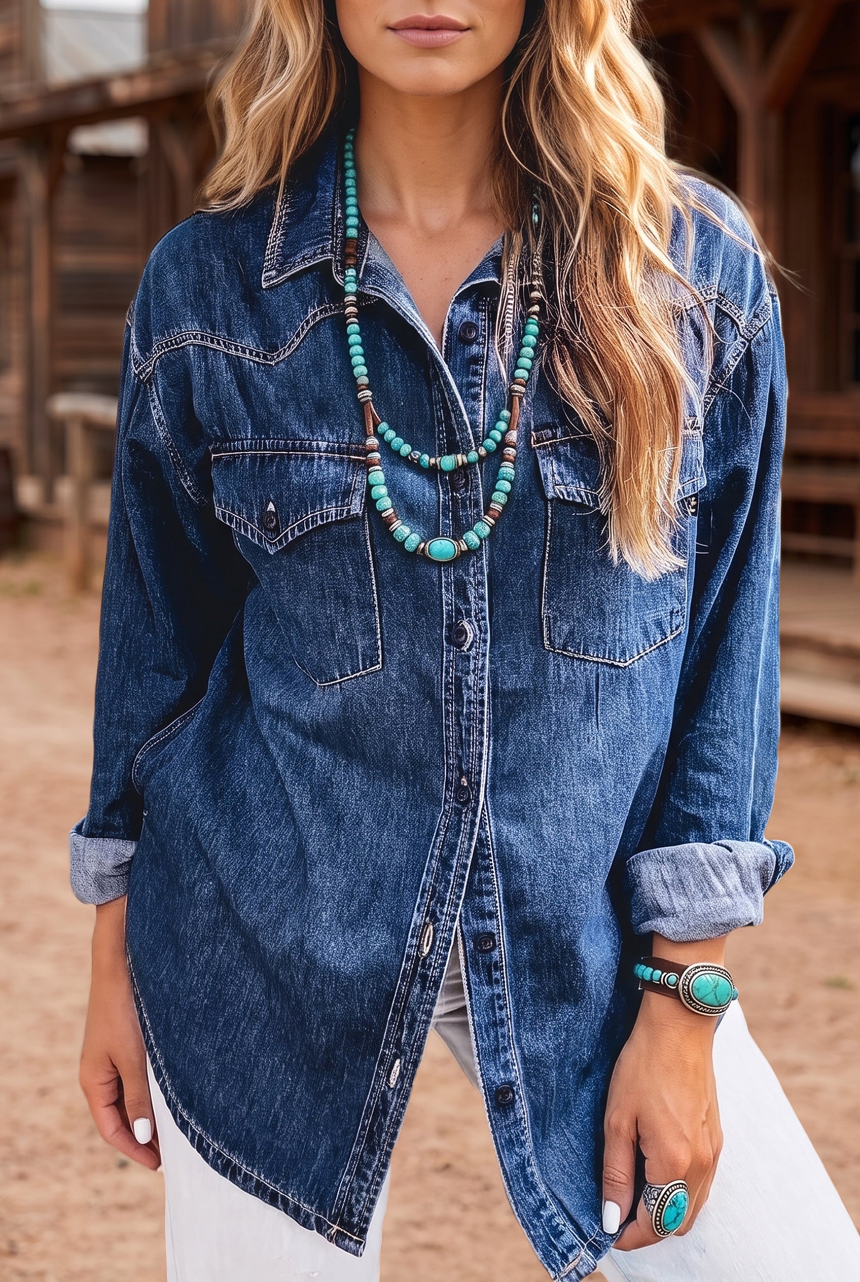 Sail Blue Western Patch Pockets Tunic Length Long Sleeve Denim Shirt-Tops/Blouses & Shirts-[Adult]-[Female]-2022 Online Blue Zone Planet