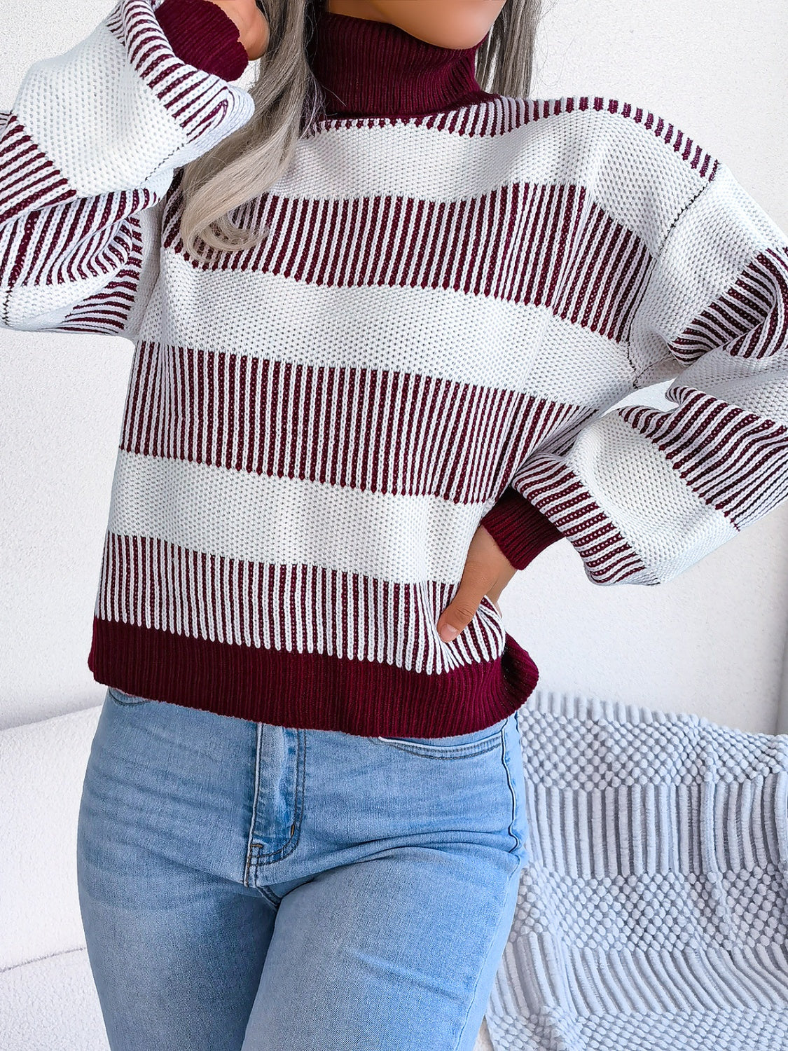 Striped Turtleneck Long Sleeve Sweater-TOPS / DRESSES-[Adult]-[Female]-Burgundy-S-2022 Online Blue Zone Planet