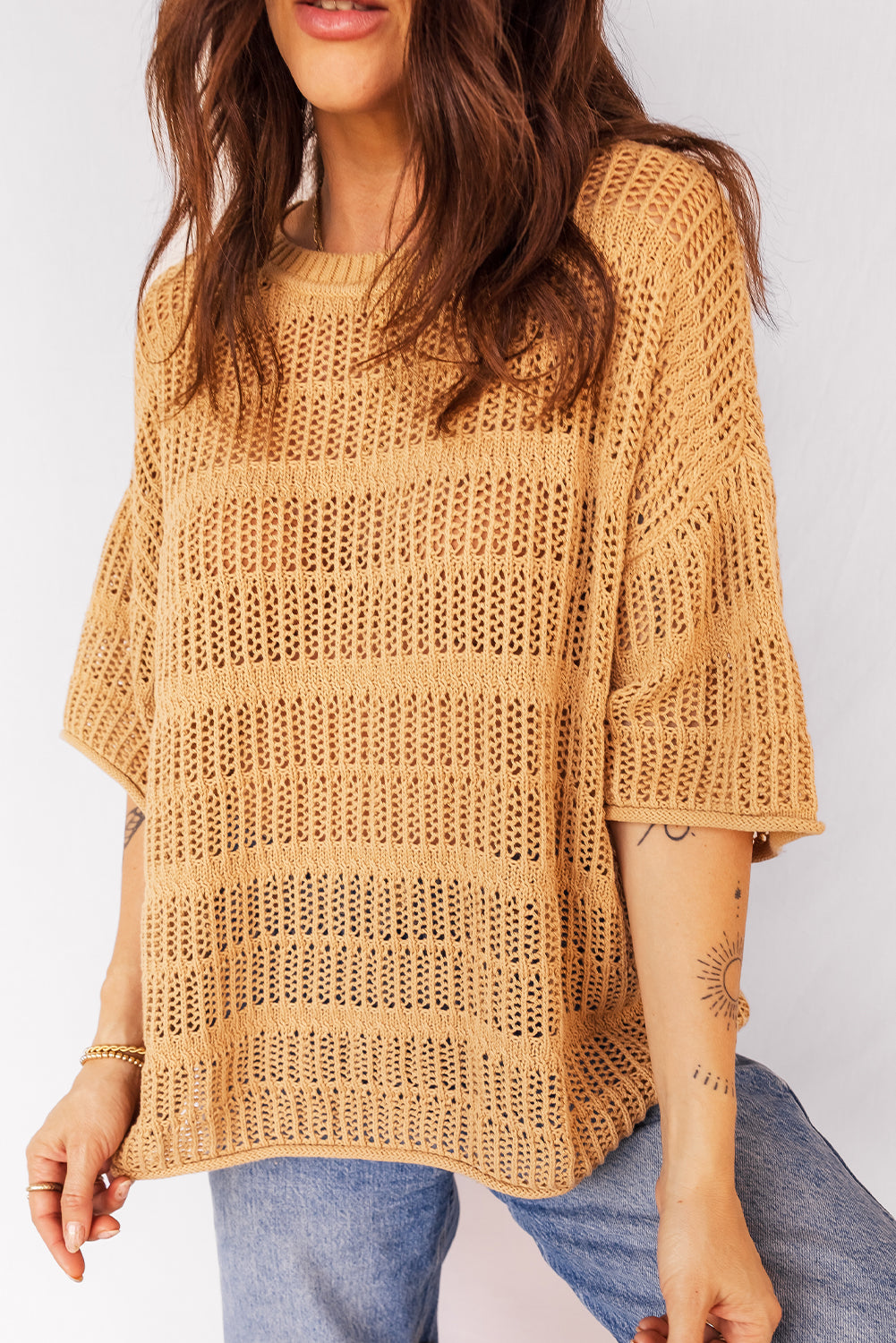 Mustard Hollow out Openwork Knit 3/4 Sleeve Sweater-TOPS / DRESSES-[Adult]-[Female]-2022 Online Blue Zone Planet