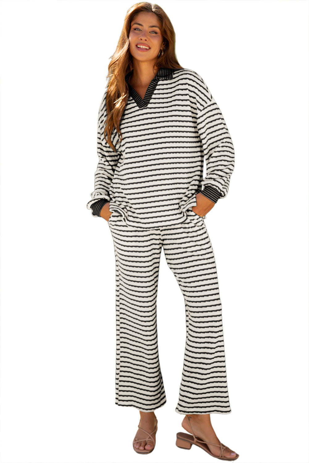 White Stripe Collared Pullover Top and Drawstring Pant Set-Two Piece Sets/Pant Sets-[Adult]-[Female]-2022 Online Blue Zone Planet