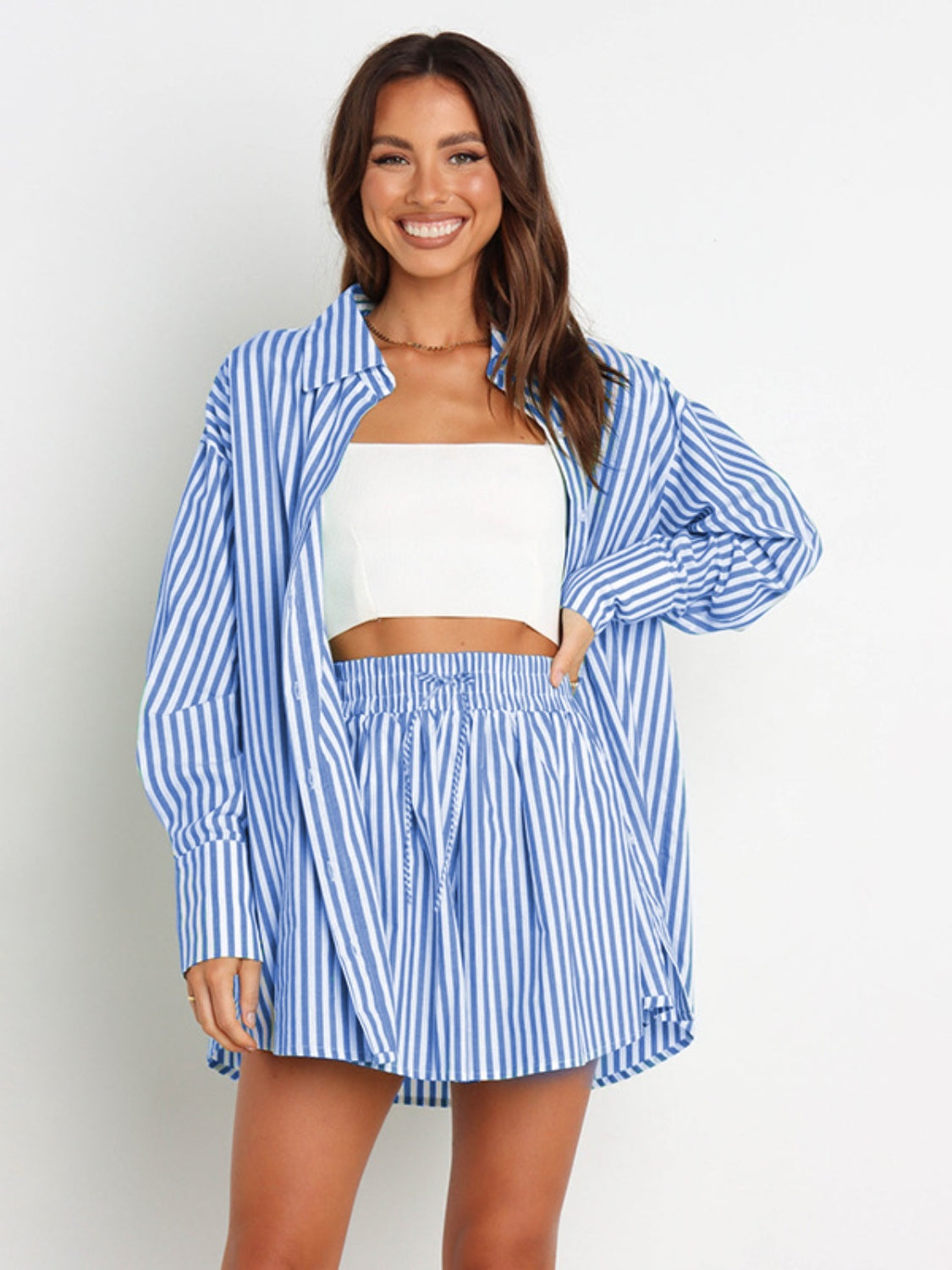 Blue Zone Planet | Striped Dropped Shoulder Shirt and Shorts Set-TOPS / DRESSES-[Adult]-[Female]-Light Blue-S-2022 Online Blue Zone Planet