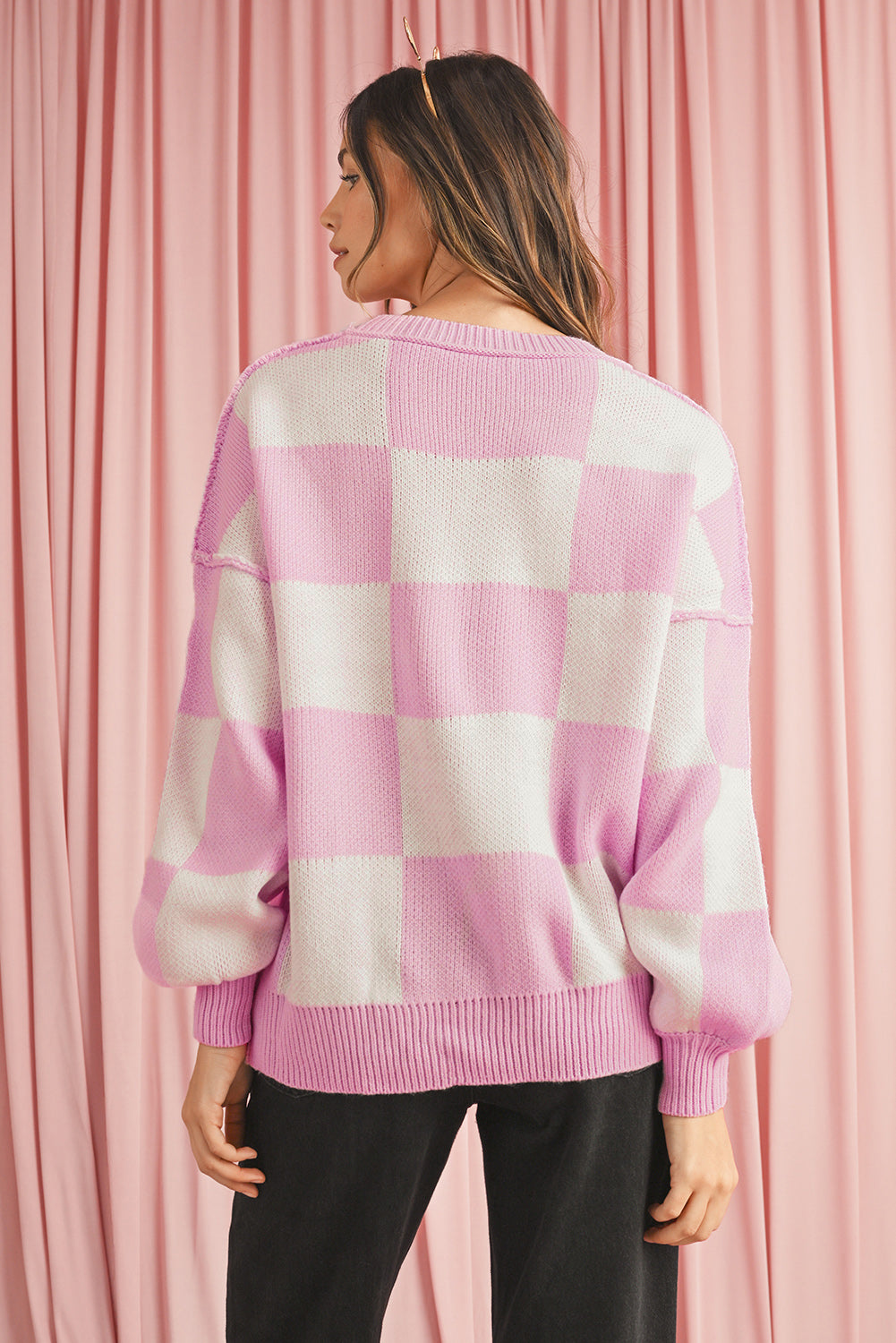 Blue Zone Planet | Pink Checked Bishop Sleeve Pullover Sweater-Sweaters-[Adult]-[Female]-2022 Online Blue Zone Planet